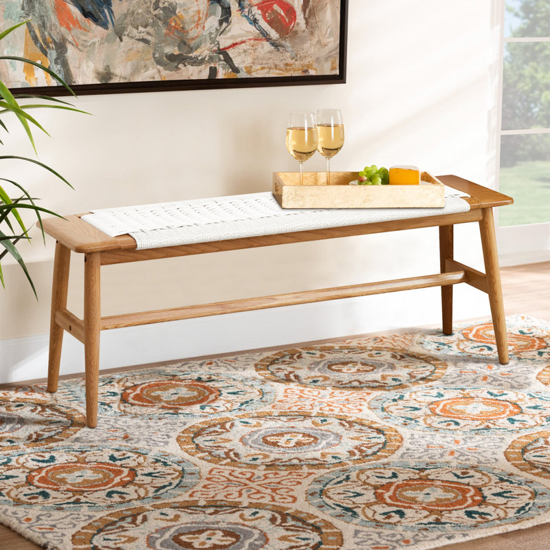 Oliver Ersel 32" Rustic Farmhouse Wood Bench, Rattan Natural Oak Accent Bench, Classic